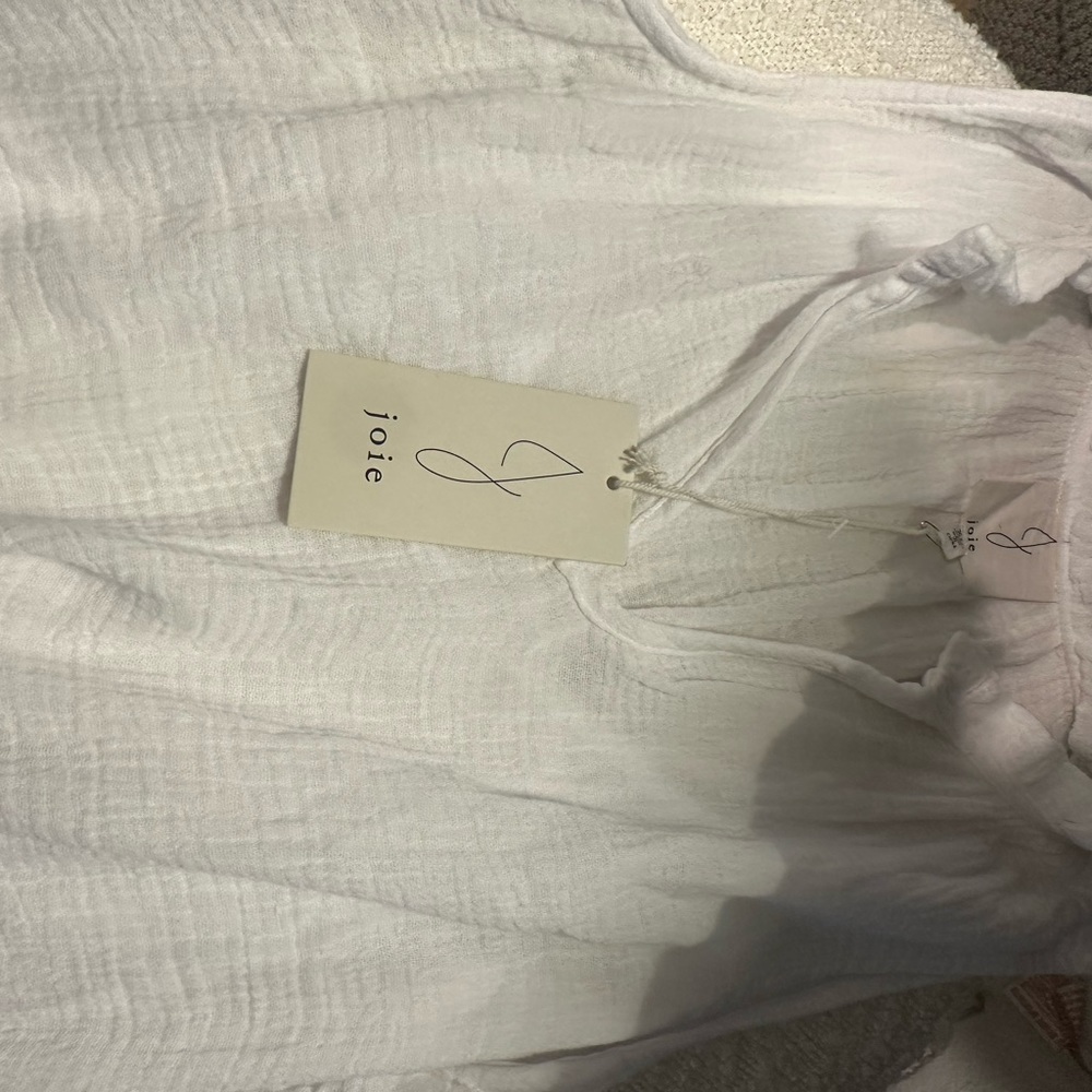 JOIE White Linen type Beach Dress - XL. Lined with V neck and tie waist.